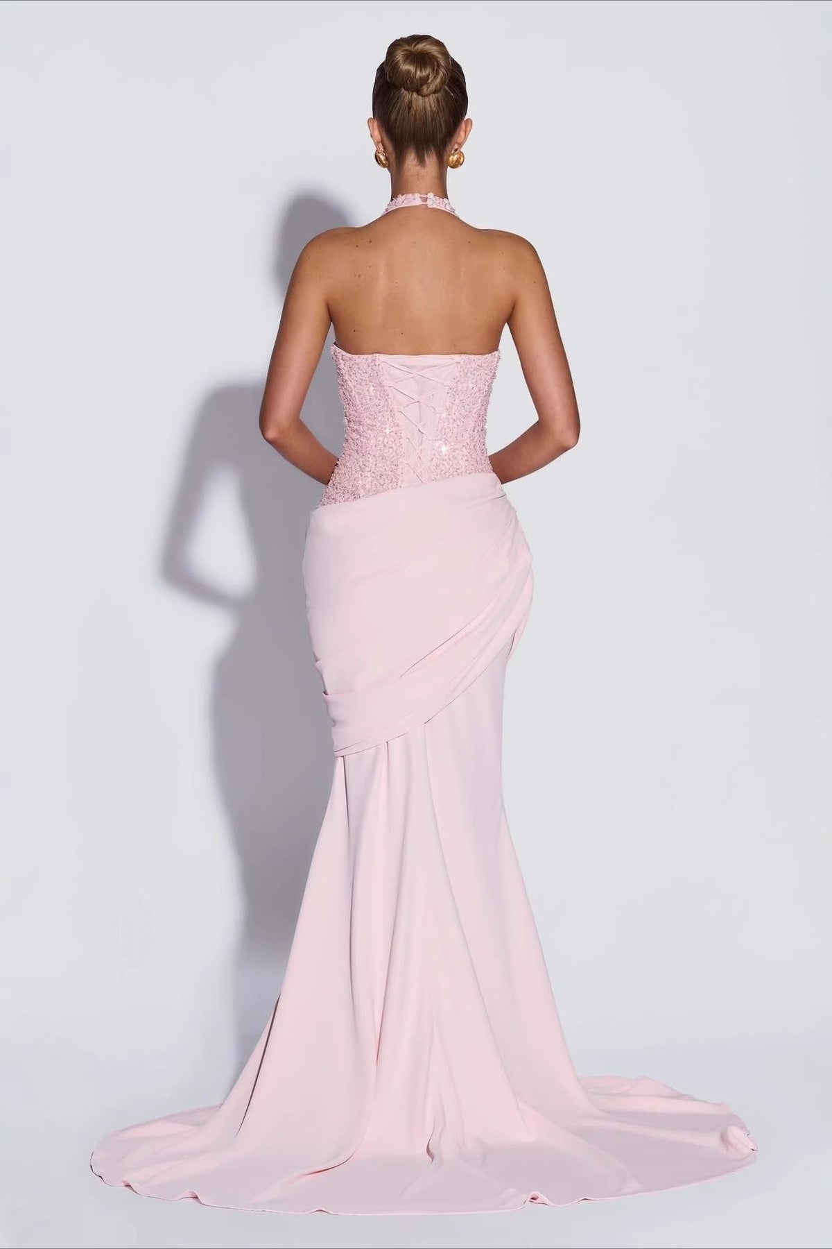 Halter-Neck Ruched Bodycon Sequin Maxi Dress