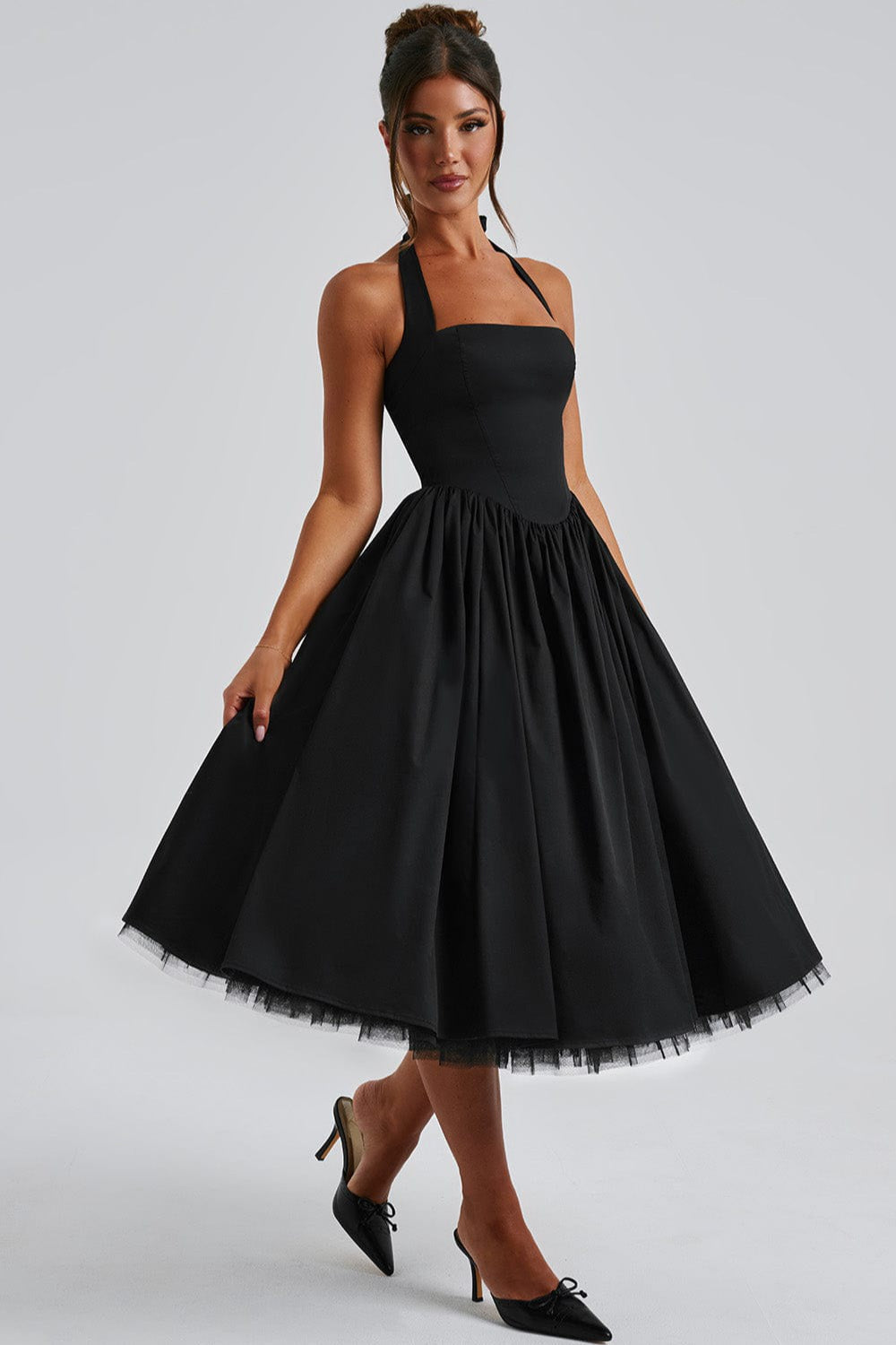 Halter Neck Basque Waist Pocket Gathered A-Line Midi Party Dress - View 7