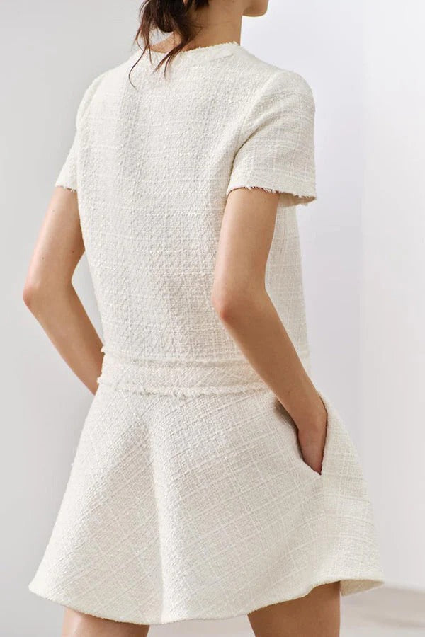 Textured Boucle Gold Button Short Sleeve A-Line Mini Dress - View 6