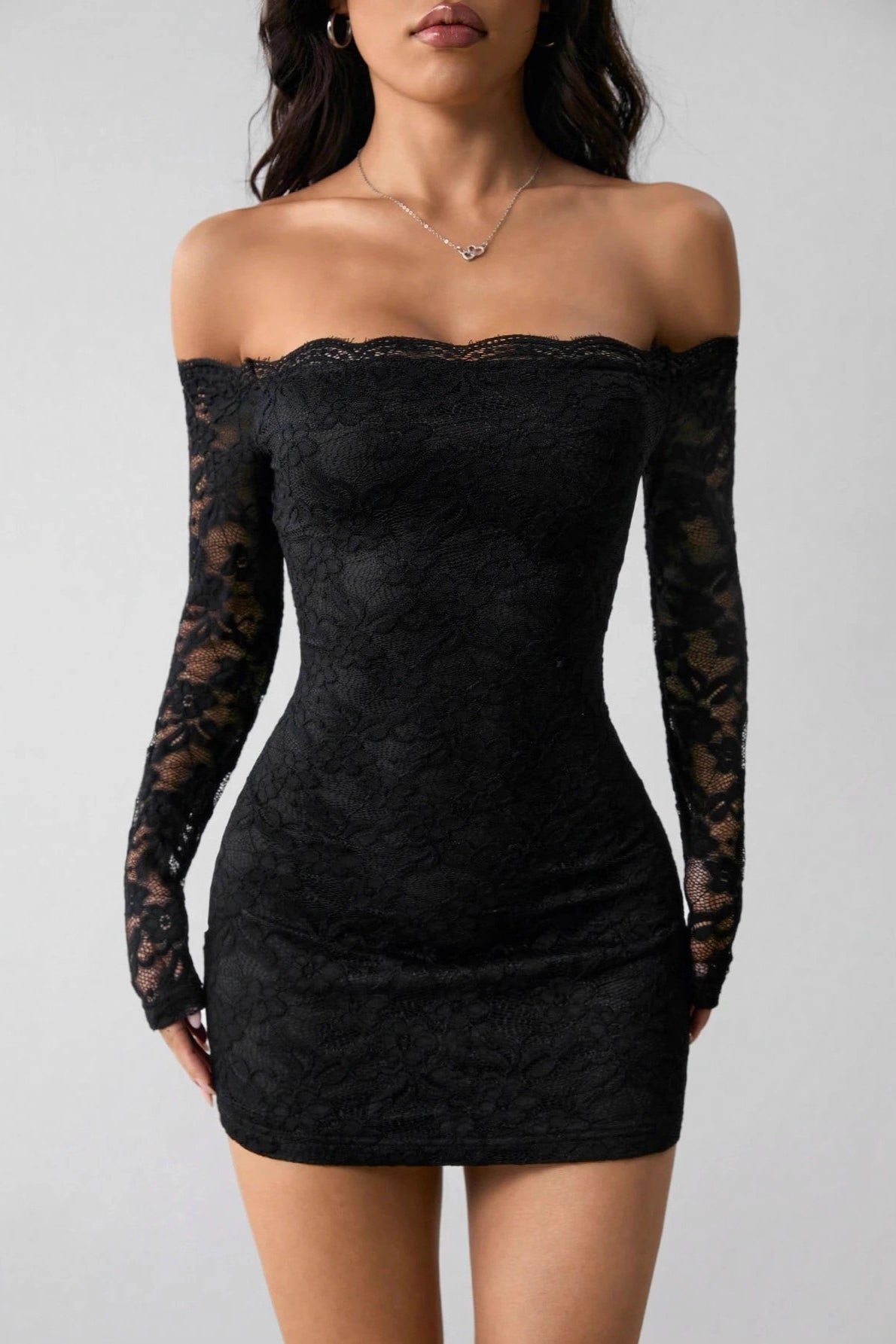 Off Shoulder Long Sleeve Slim Lace Dress in Black - View 2