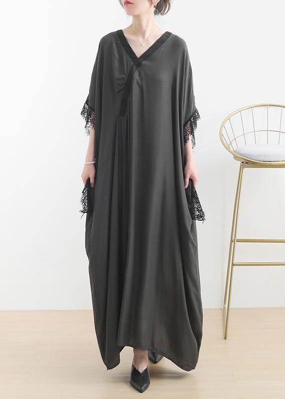 Deep V-Neck Wrap Overlay Batwing Sleeve Lace Trim Maxi Dress