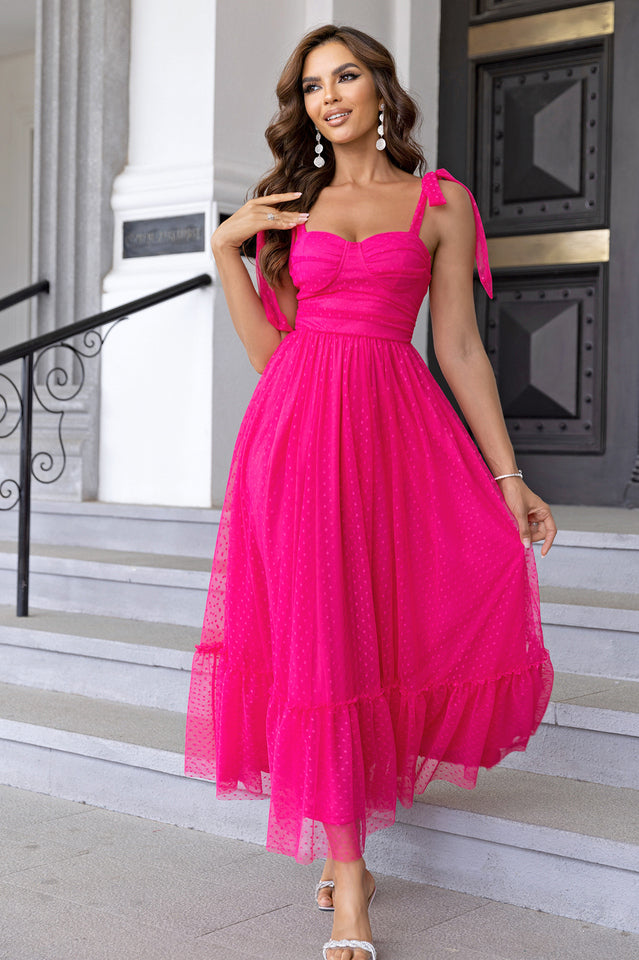 Tulle Swiss Dot Bustier Sweetheart Tie Shoulder Tiered Maxi Dress - View 7