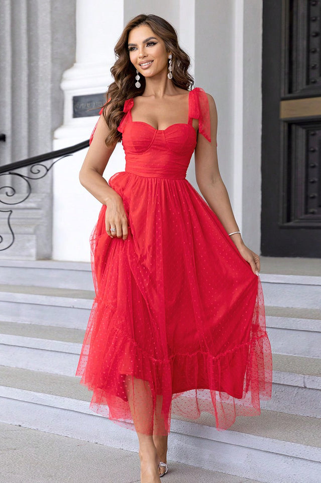 Tulle Swiss Dot Bustier Sweetheart Tie Shoulder Tiered Maxi Dress - View 10