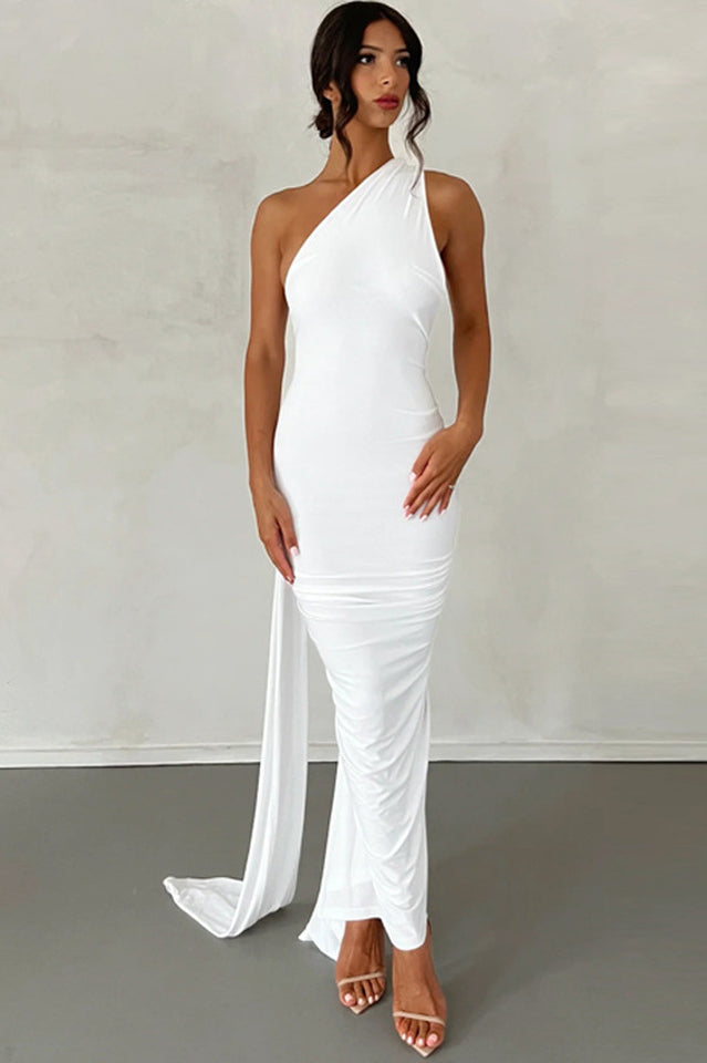 One Shoulder Ruched Open Back Trailing Sash Floor Length Gown - View 15