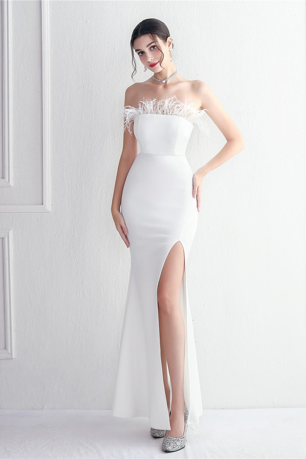 Feather Trim Strapless High Split Mermaid Gown - View 2