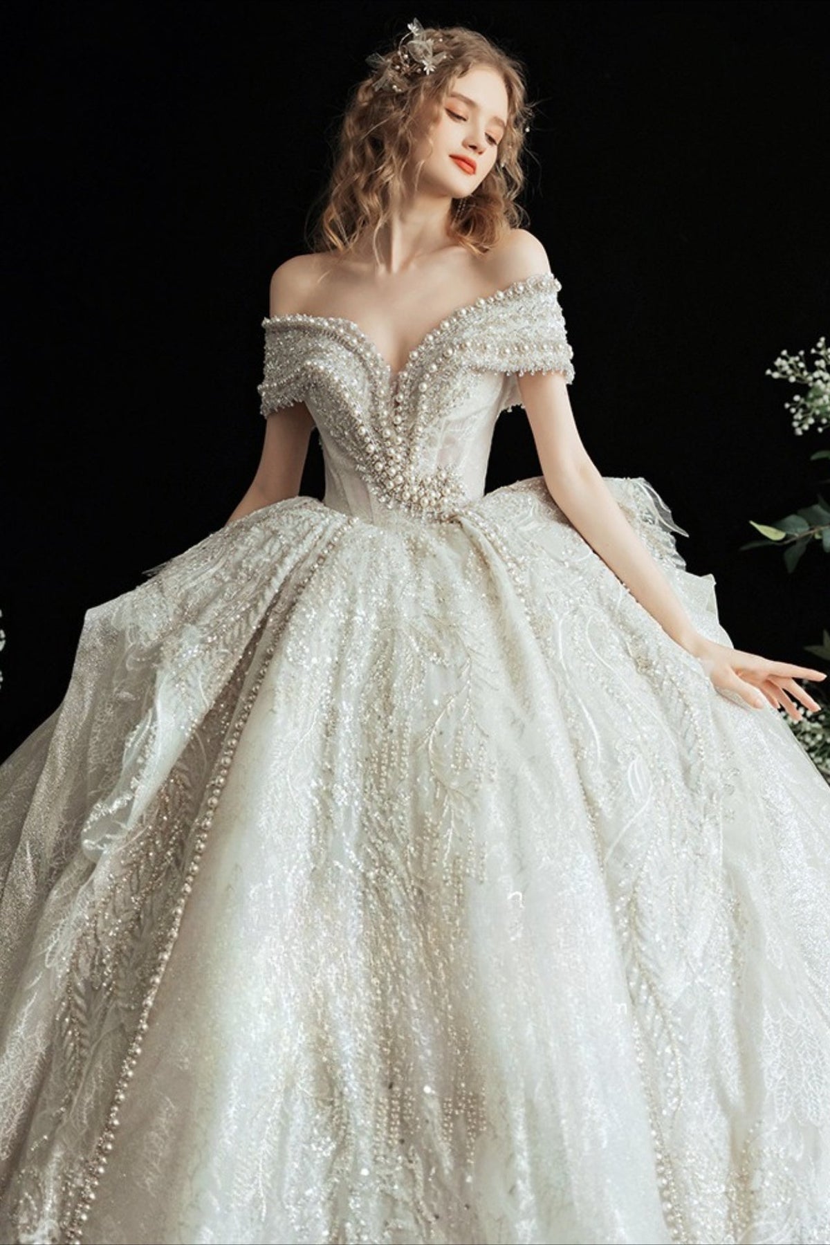 Lace Off Shoulder Sweetheart Pearl Beaded Structured Ball Gown - View 2