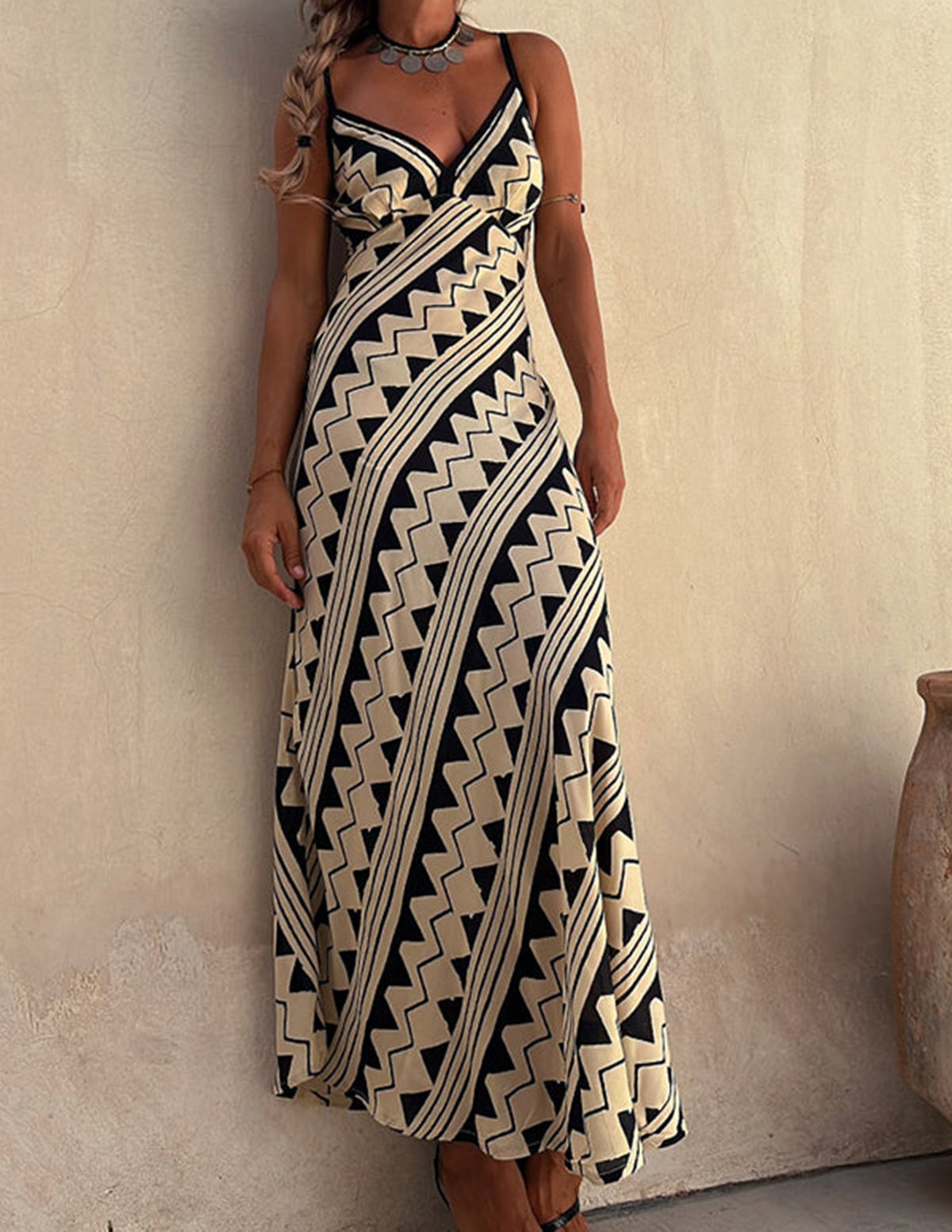 Exclusive Melody Satin Ethnic Print Smocked Back Midi Dress in White