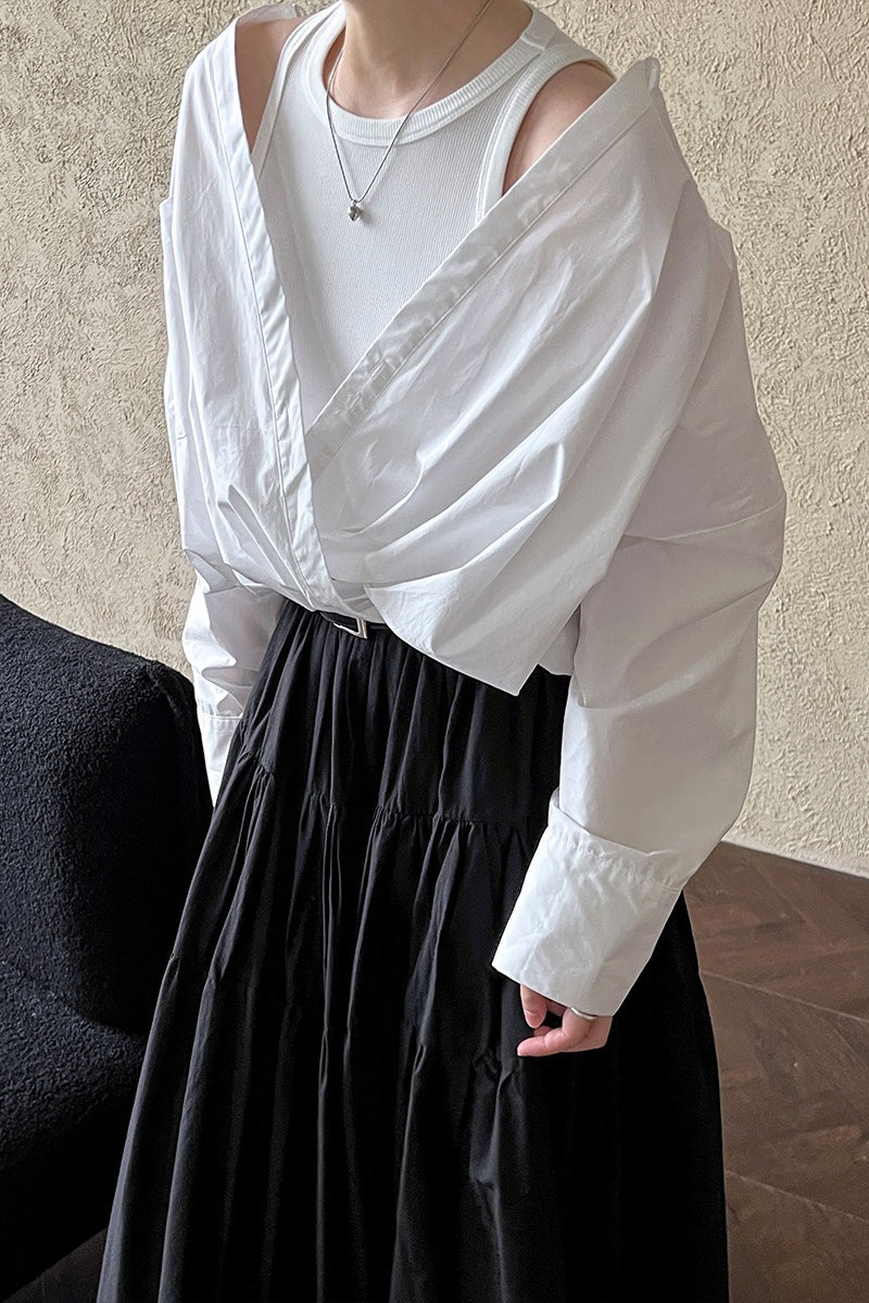 Off Shoulder Structured Peplum Mock Two Piece Blouse