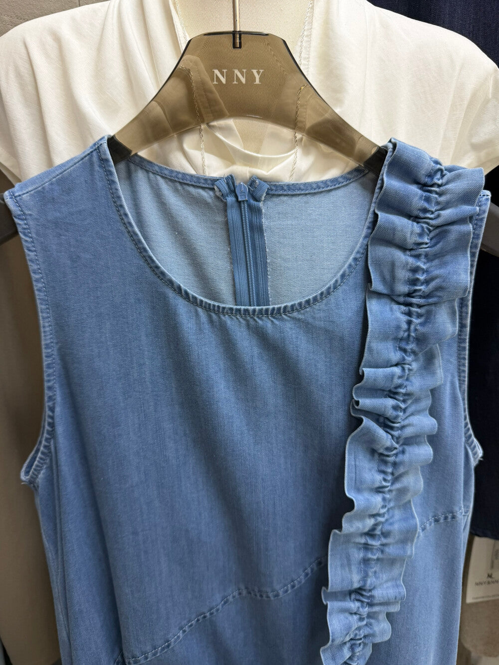 Denim Sleeveless Ruffle Trim A-Line Maxi Dress 5