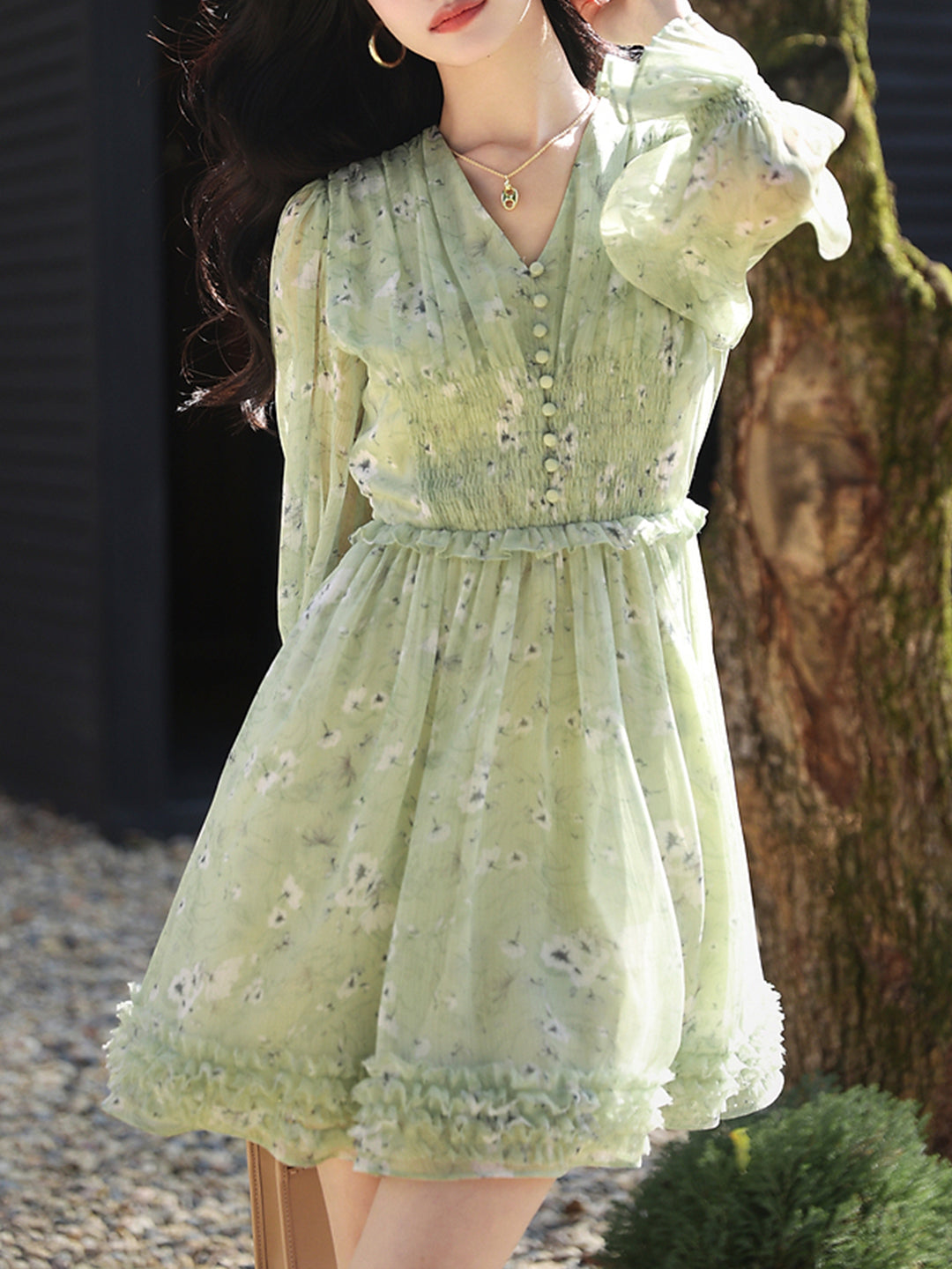 Floral Print V-Neck Button Front Smocked Waist Mini Dress - View 17