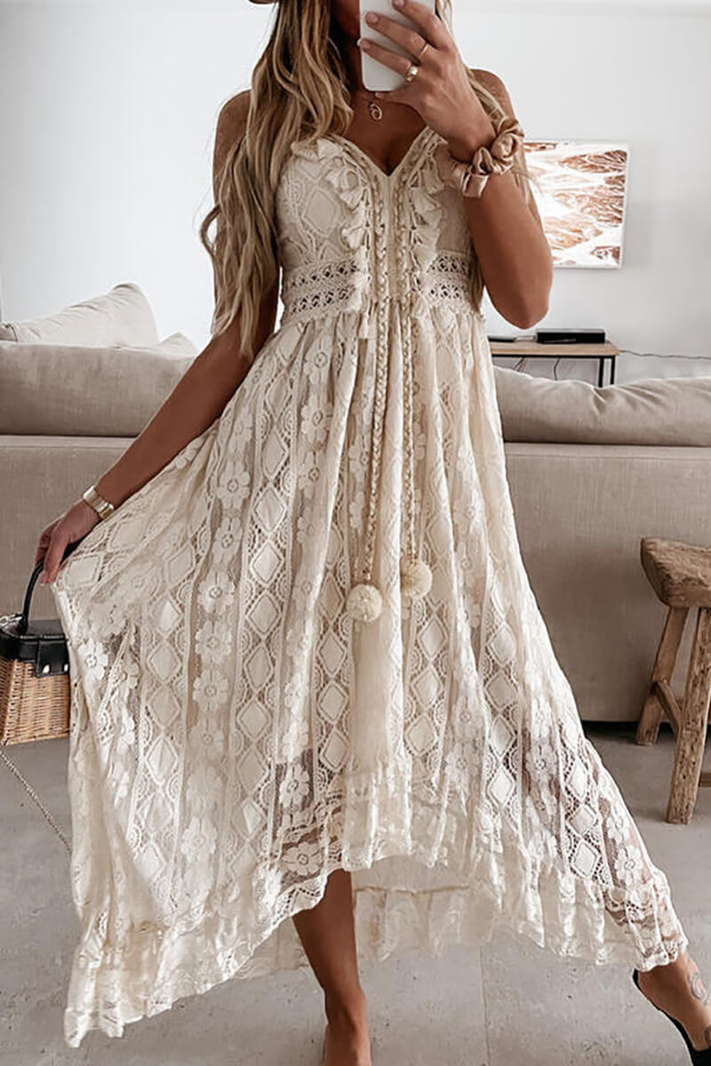 Crochet Lace V-Neck Spaghetti Strap High Low Midi Dress - View 4