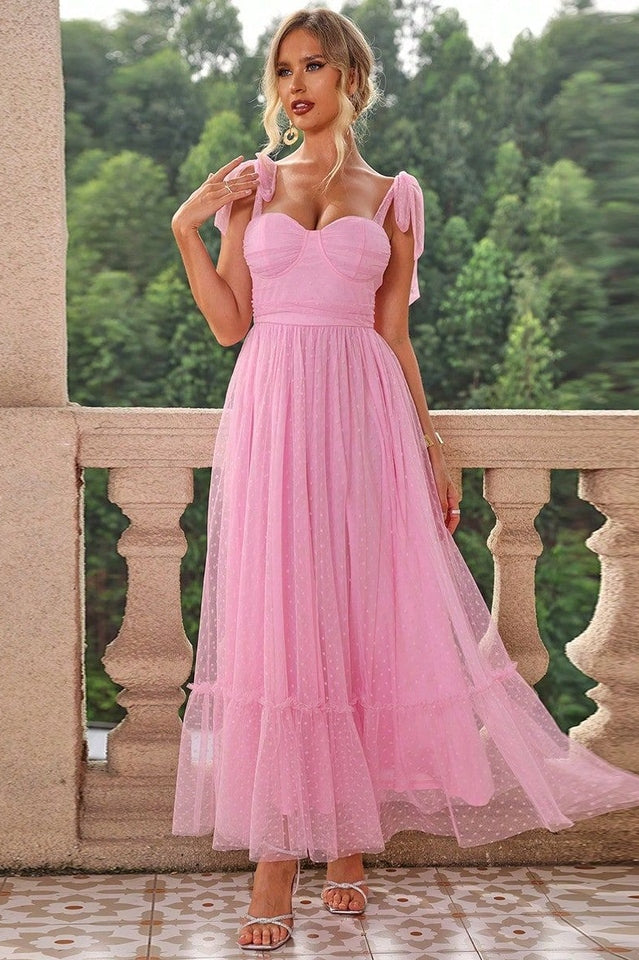 Tulle Swiss Dot Bustier Sweetheart Tie Shoulder Tiered Maxi Dress - View 4
