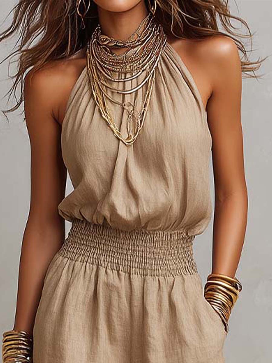 Halter Neck Sleeveless Smocked Waist Wide Leg Jumpsuit 4