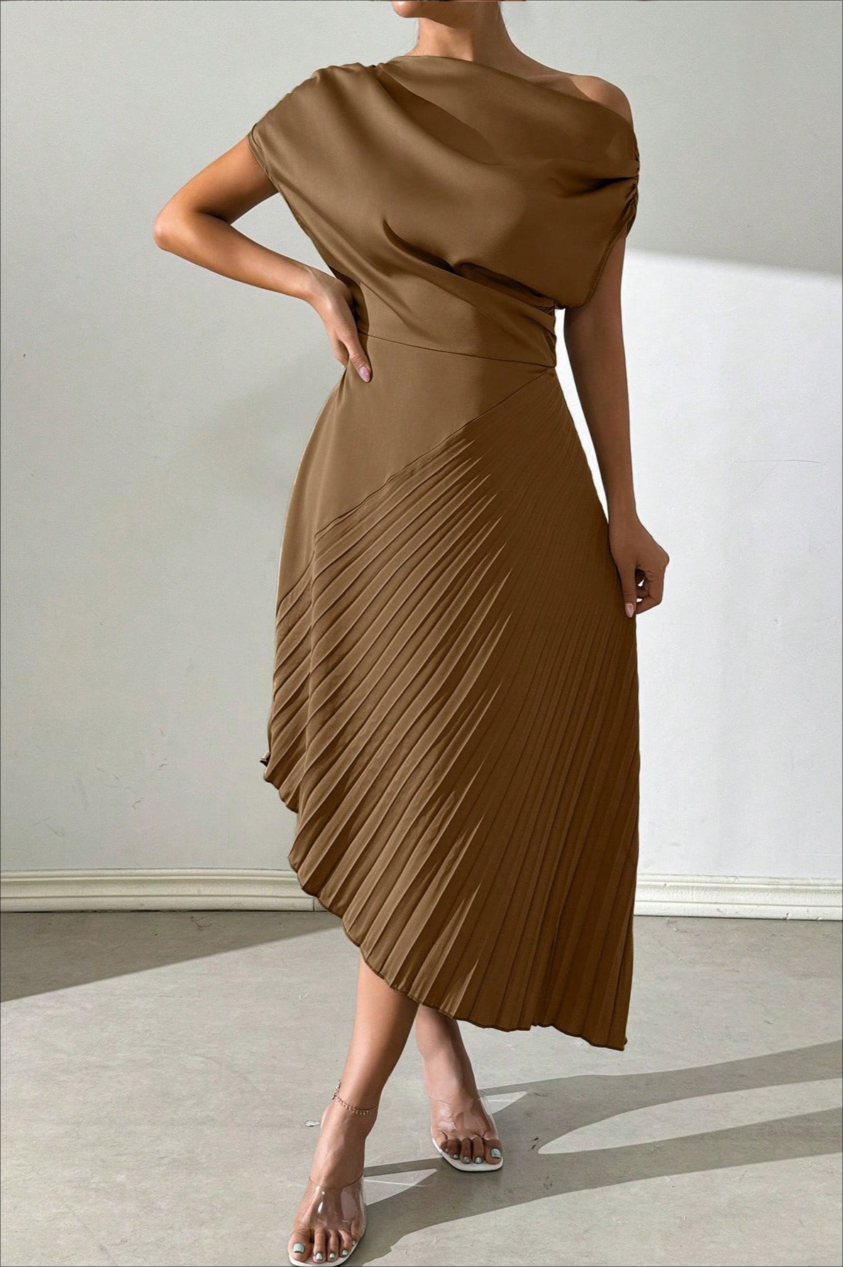 Satin One Shoulder Ruched Pleated Asymmetric Midi Dress - View 7