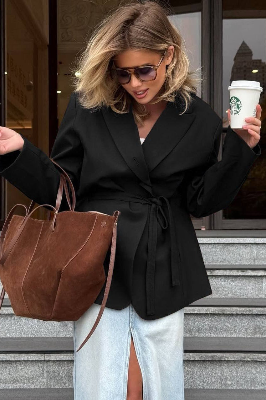 Long Sleeve Belted Waist Relaxed Blazer