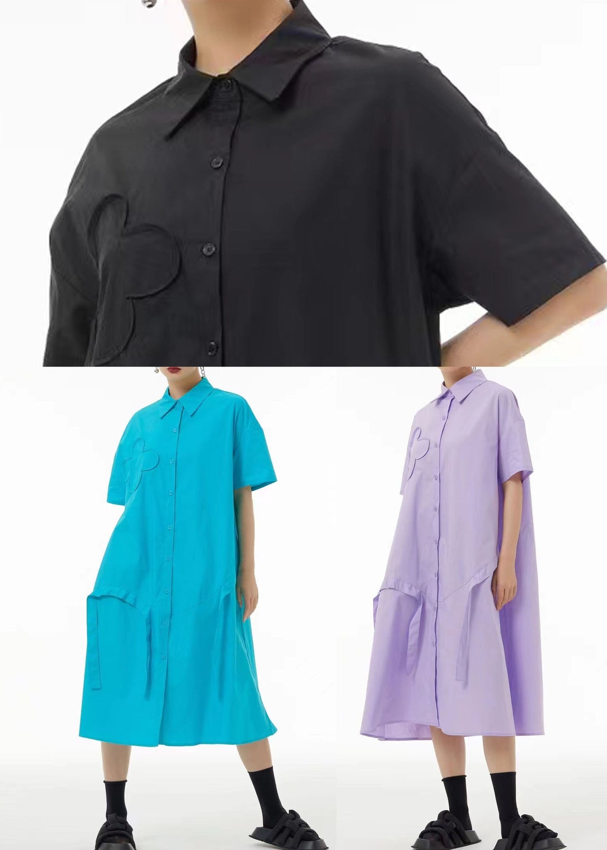Button Down Short Sleeve Puffy Flower Appliqué Strap Midi Dress - View 5