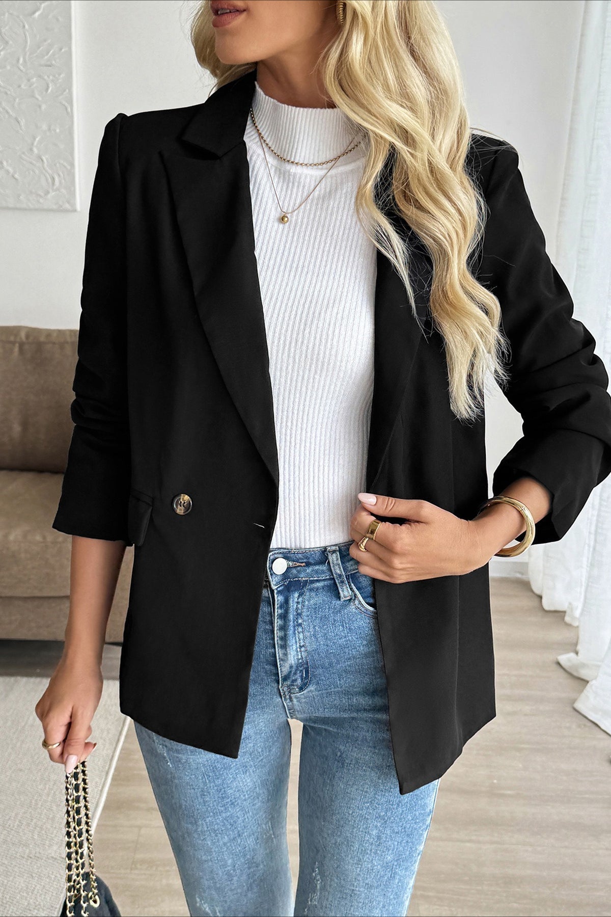 Notch Lapel Open Front Long Sleeve Blazer 4