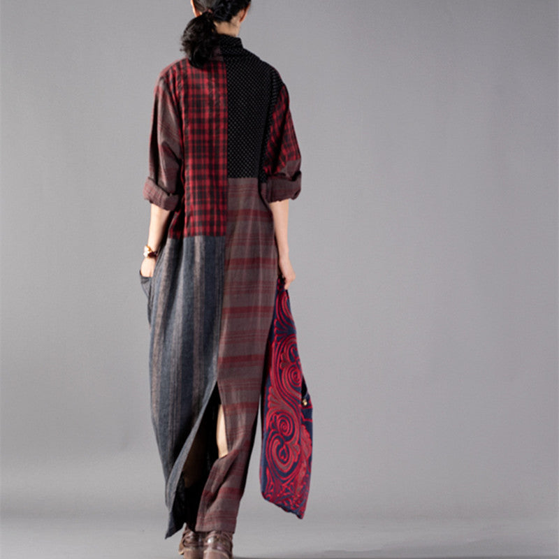 Plaid Patchwork V-Neck Asymmetric Drape Pocket Kaftan Maxi Dress - View 4