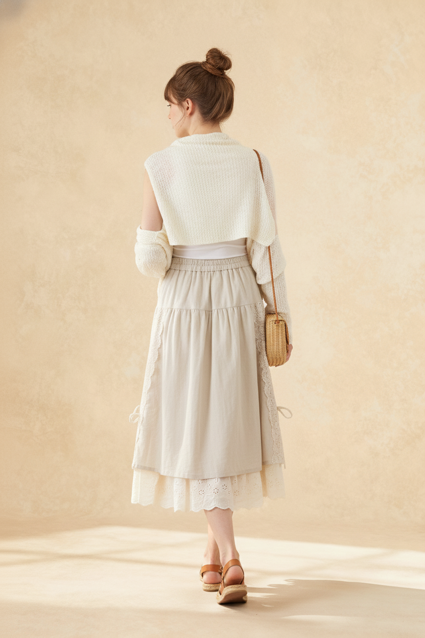 Sweet Japan Style Mori Lace Stitched Linen Skirt