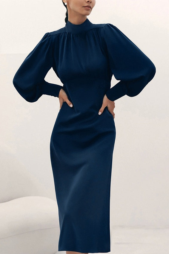 Mock Neck Bishop Sleeve Button Cuff A-Line Midi Cocktail Dress - View 2