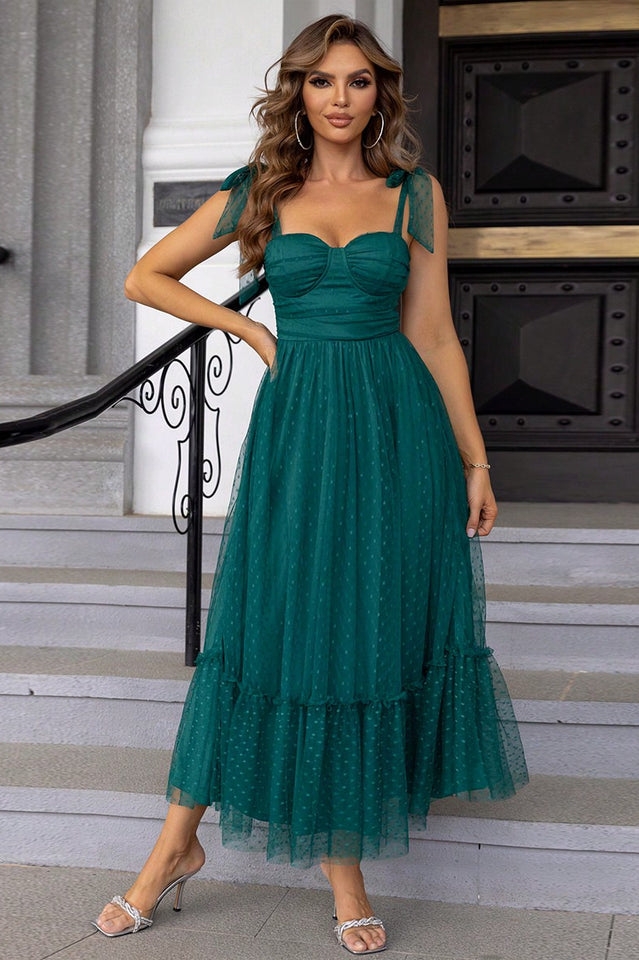 Tulle Swiss Dot Bustier Sweetheart Tie Shoulder Tiered Maxi Dress - View 11