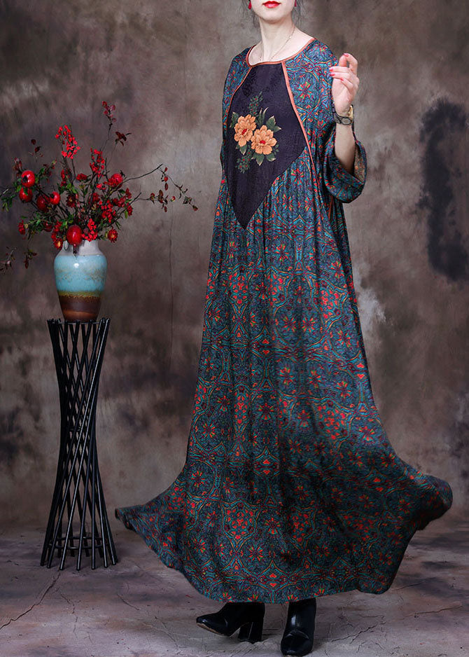 Patchwork Print Round Neck Elbow Sleeve Gathered Waist Boho Maxi Dress - View 2