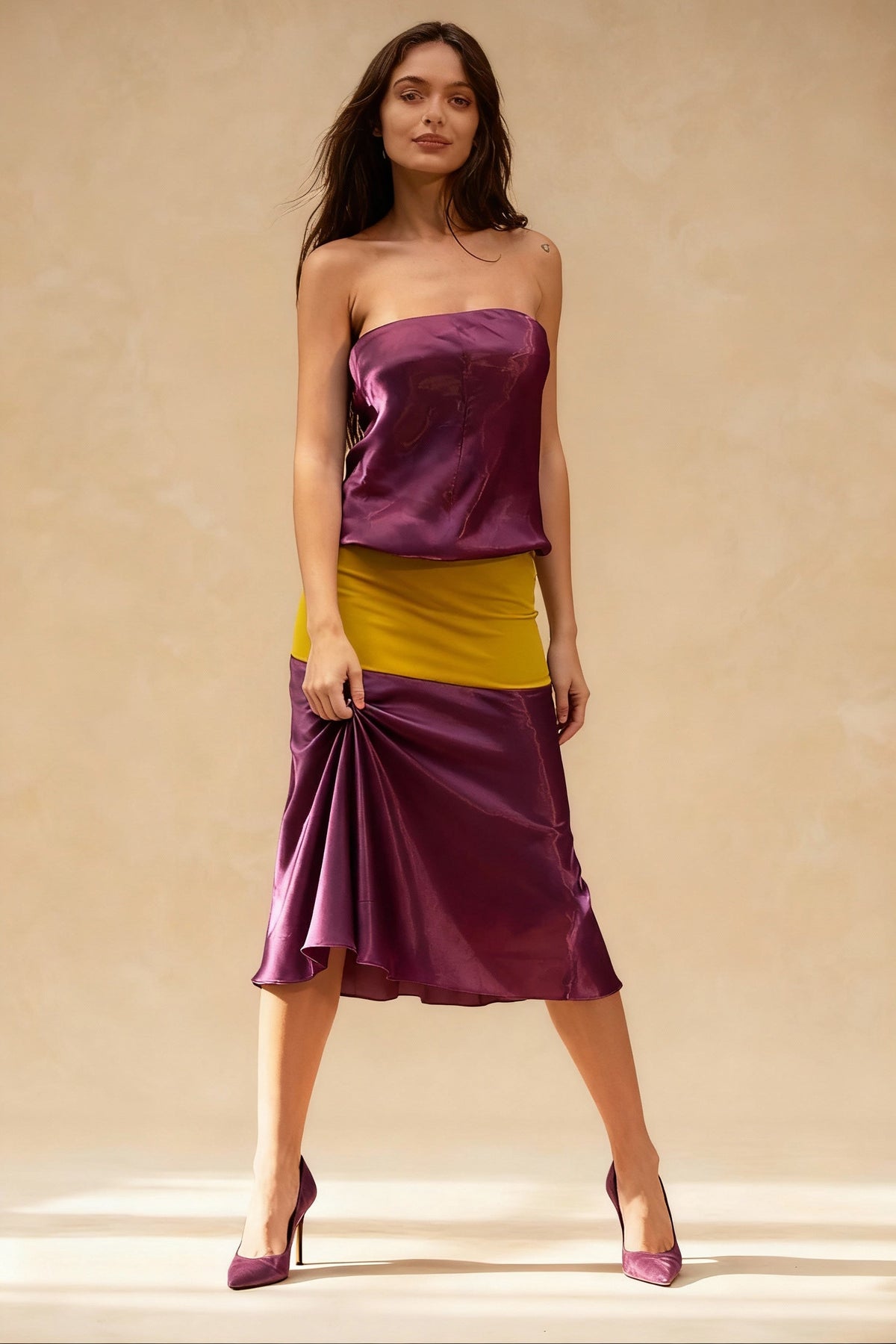 Strapless Contrast Satin Midi Dress - View 2
