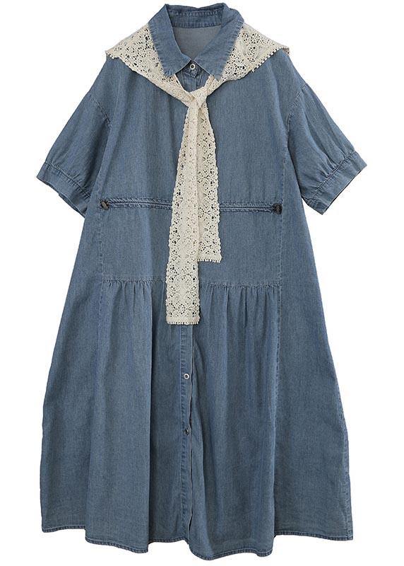 Crochet Lace Shawl Denim Button Front Tiered Midi Shirt Dress Set - View 4