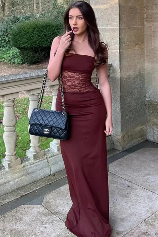 Lace Spaghetti Strap Maxi Dress in Claret - View 2