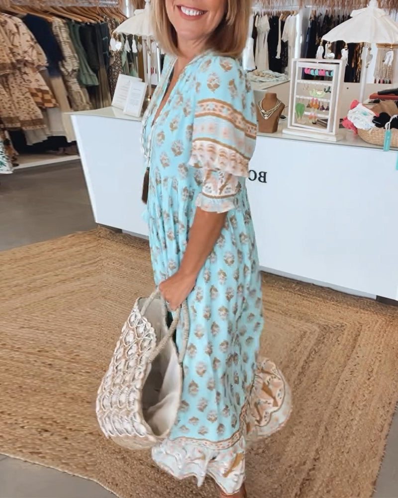 Printed V-Neck Ruffle Short Sleeve Tiered Maxi Dress 4