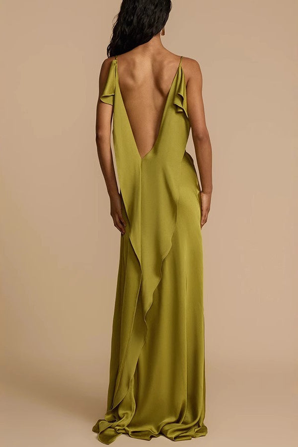 Satin Cowl Neck Spaghetti Strap High Split Column Slip Maxi Gown - View 3