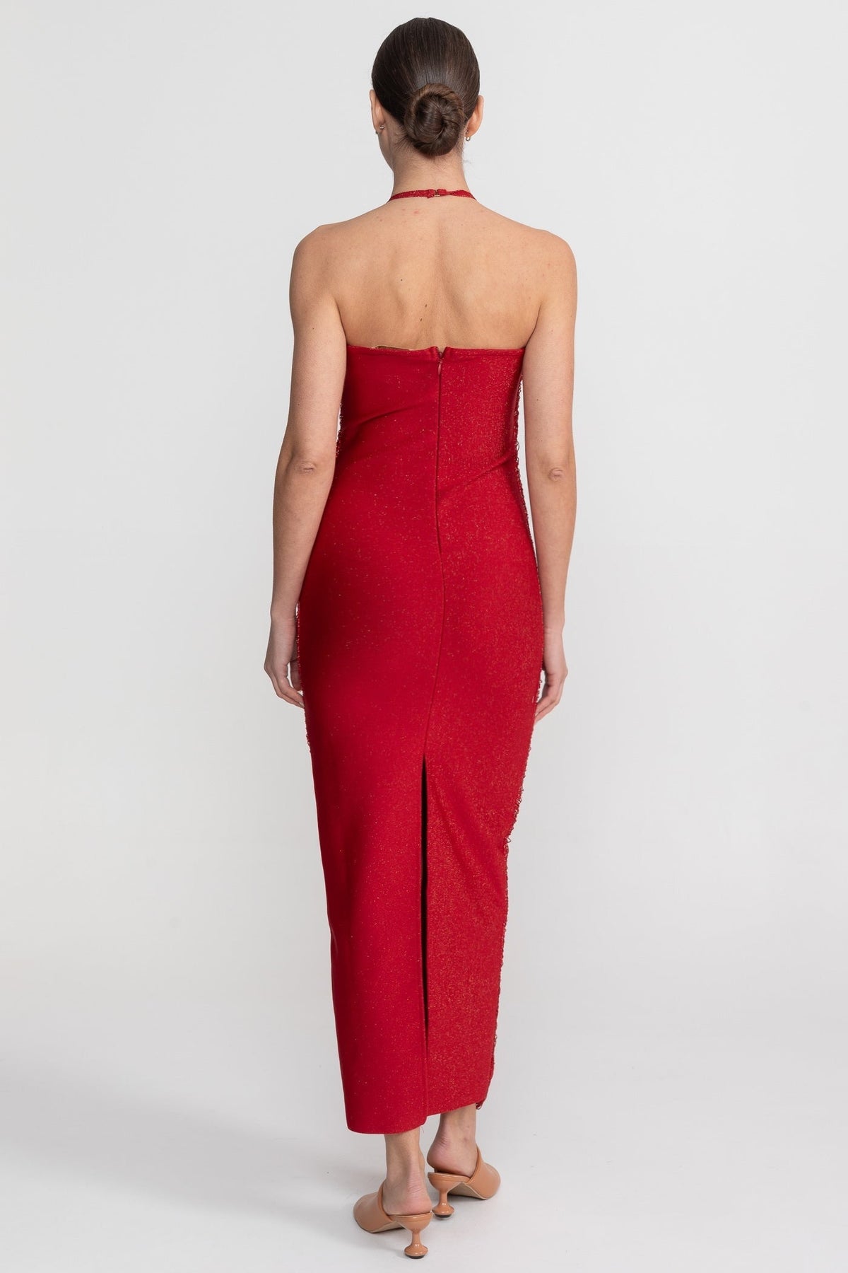 Halter Neck Midi Dress With All-Over Pleated Texture - Red - View 6