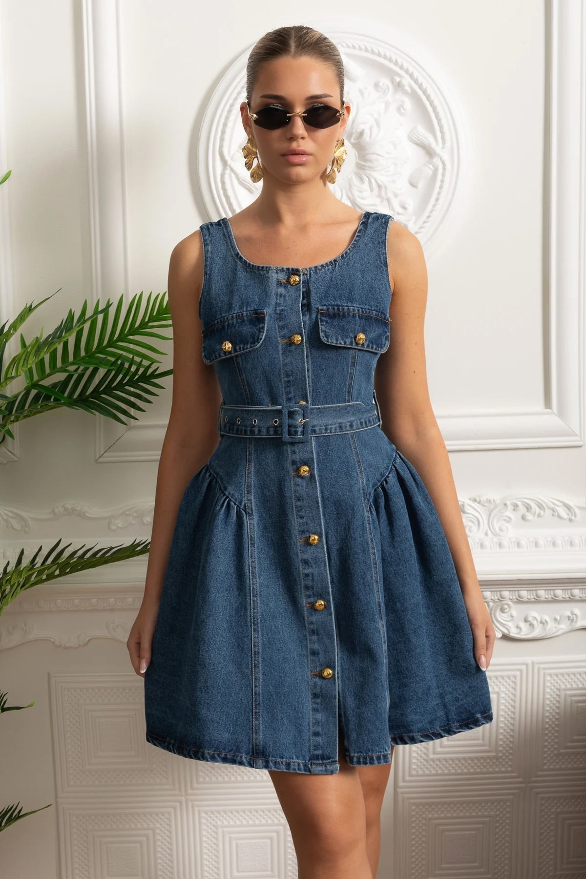 Denim Sleeveless Button Front Belted Flap Pocket Mini Dress