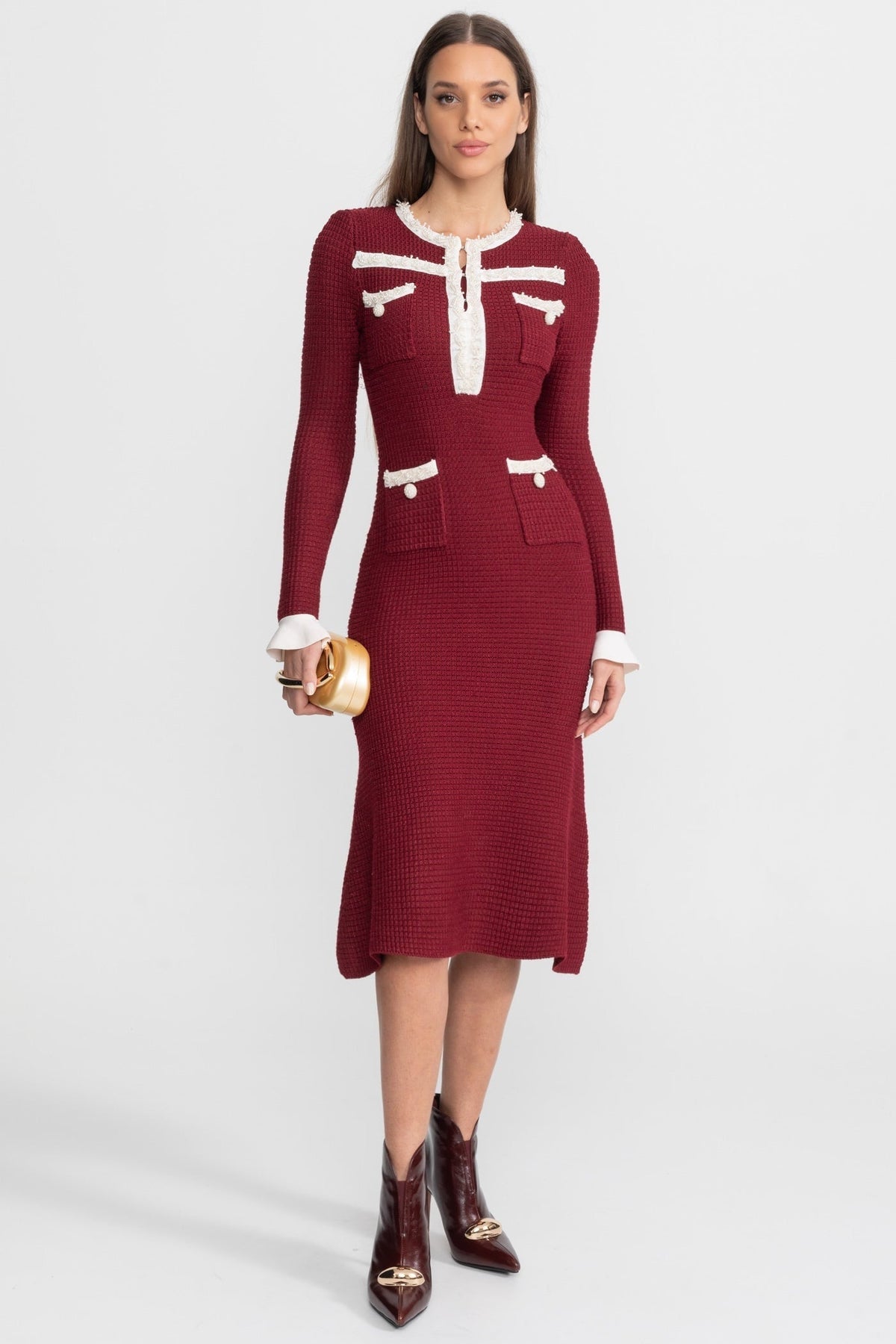Knit Contrast Trim Ruffle Cuff Patch Pocket Long Sleeve Midi Dress