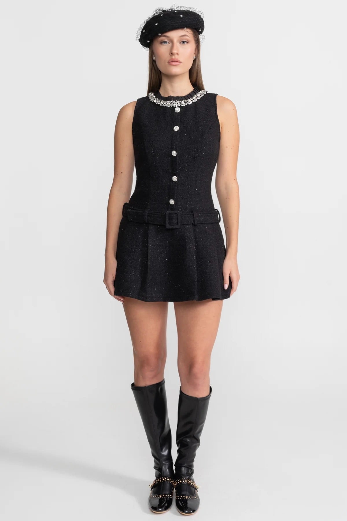 Rhinestone Collar Crystal Button Belted Tweed Sleeveless Mini Dress