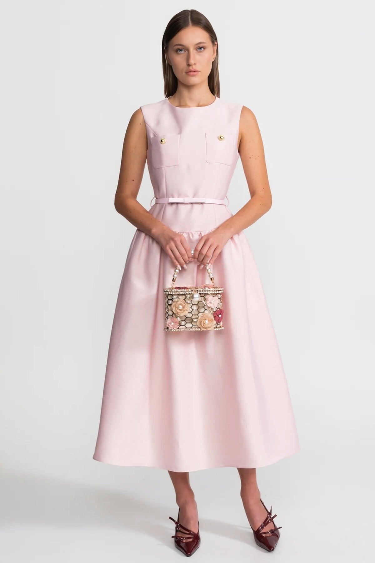 Sleeveless Patch Pocket Metallic Button Belted Bow Midi Dress - View 3