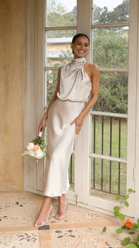 Satin Halter High Neck Cowl Blouson Bias Cut Midi Dress