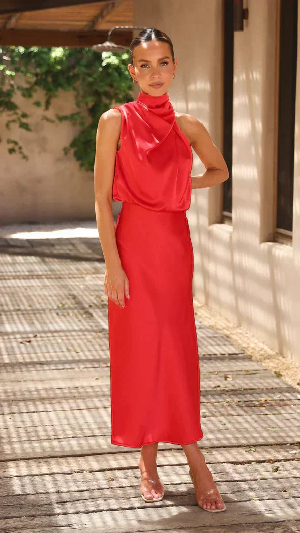 Satin Halter High Neck Cowl Blouson Bias Cut Midi Dress - View 9