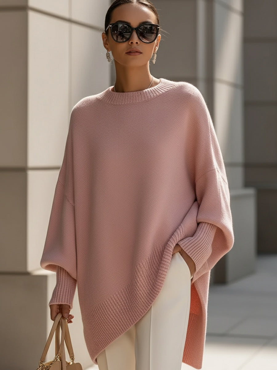 Crew Neck Oversized Asymmetric Hem Poncho Sweater 12