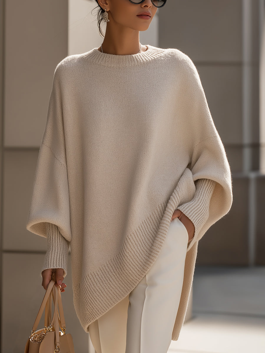 Crew Neck Oversized Asymmetric Hem Poncho Sweater 3