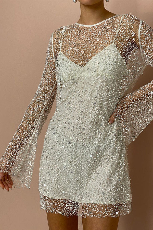 Sequin Pearl Long Sleeve Sheer Mini Dress - View 10