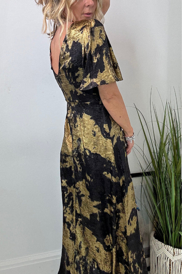Metallic Marble Print Crew Neck Flutter Sleeve A-Line Maxi Gown - View 3