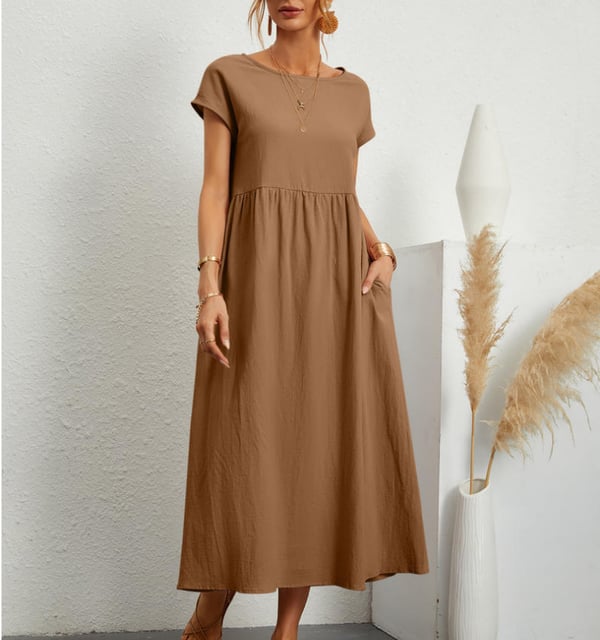 Short Sleeve Empire Waist Gathered Pocket Knee Length Summer Dress - View 8
