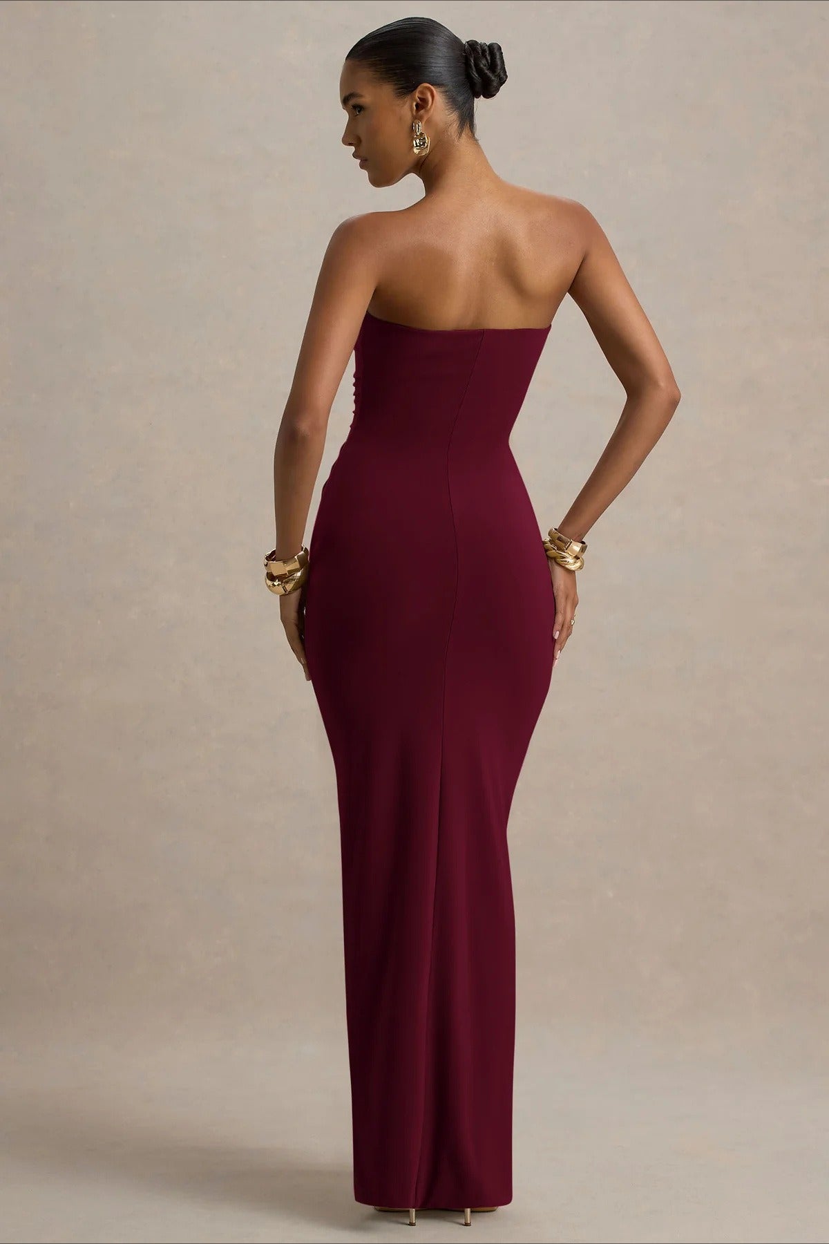 Strapless Sweetheart Ruched Center Drape Panel Column Maxi Formal Gown - View 5