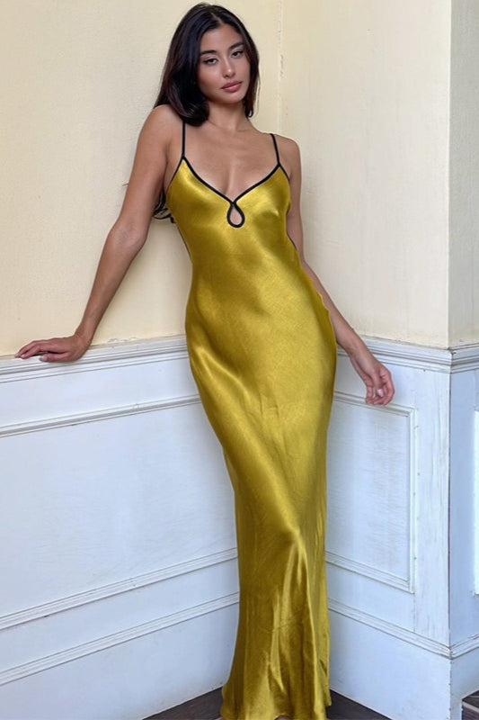 Satin V-Neck Spaghetti Strap Cut Out Low Back Slip Maxi Dress