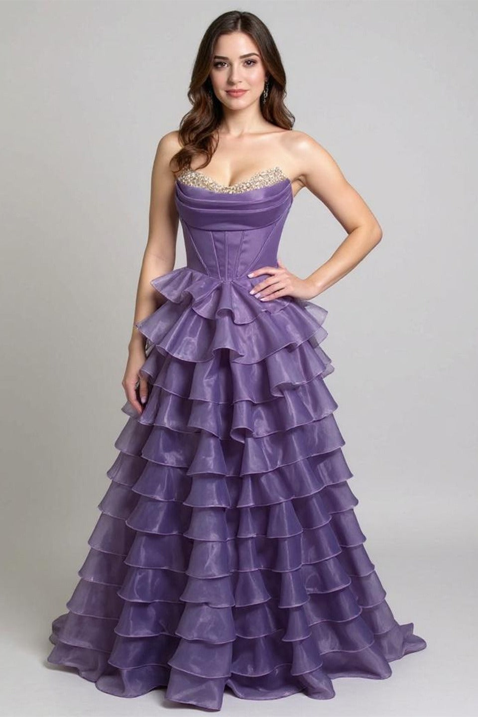 Strapless Sweetheart Crystal Beaded Corset Tiered Ruffle Ball Gown - View 4