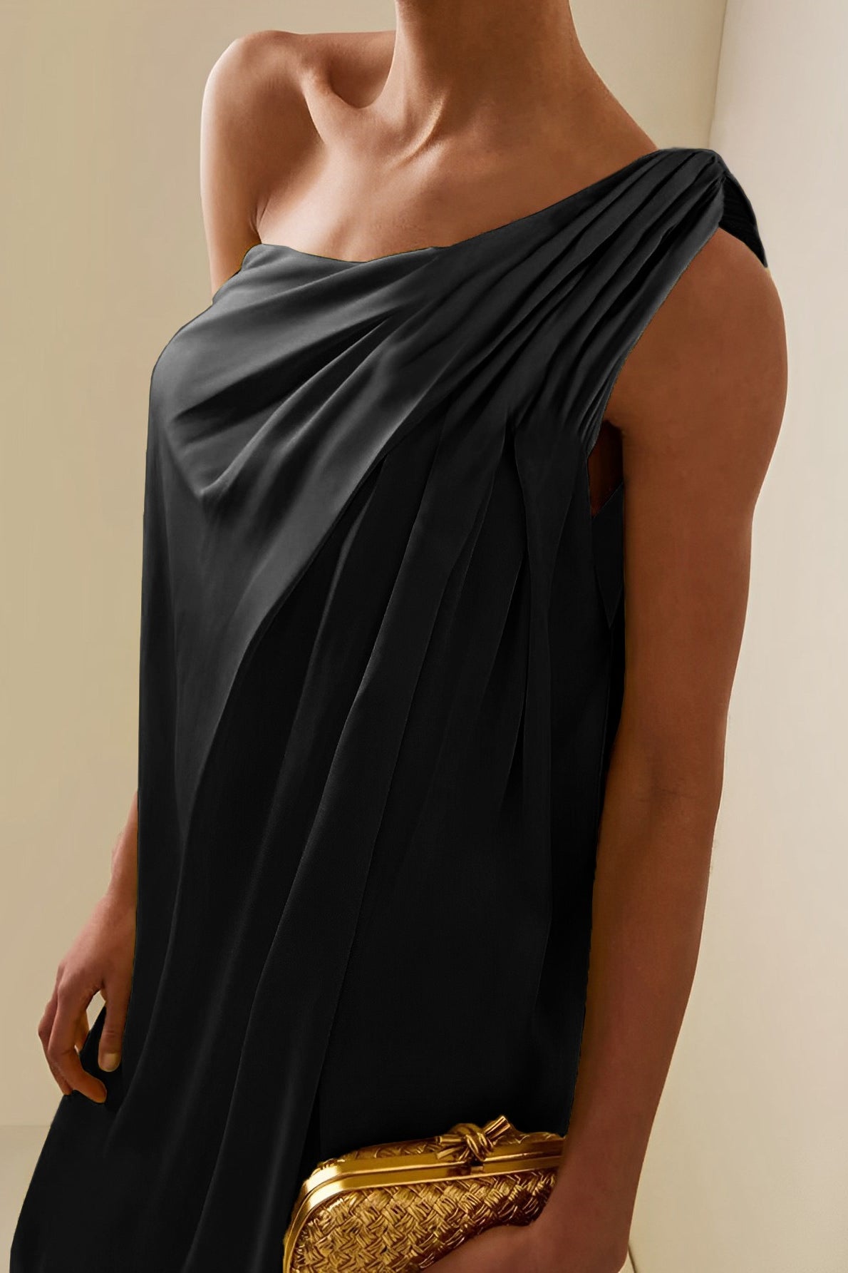 Satin One Shoulder Ruched High Split Column Maxi Gown - View 4