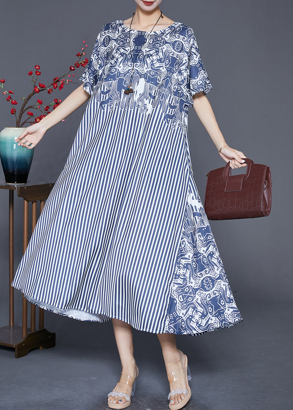 Mixed Print Folk Motif Vertical Stripe Patchwork Midi Dress - View 3