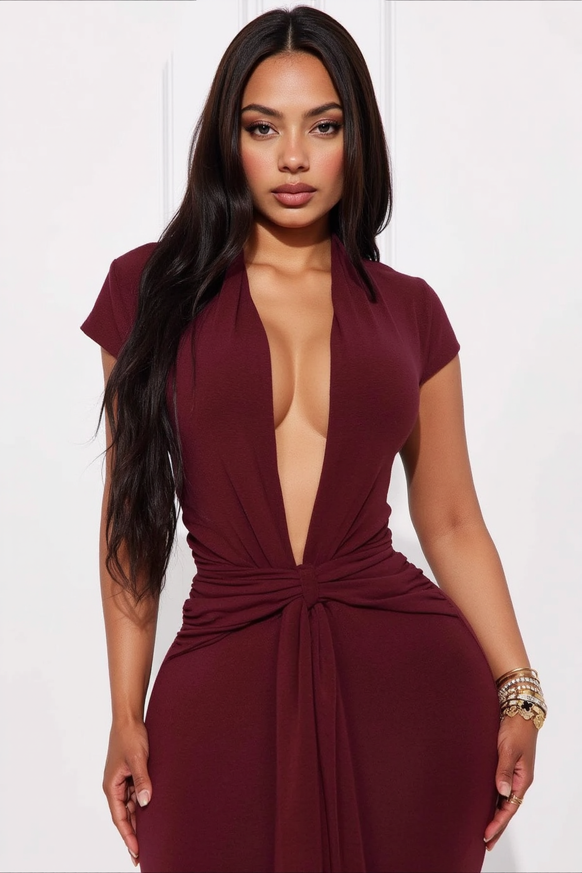Deep V-Neck Cap Sleeve Tie Front Mermaid Maxi Gown 3
