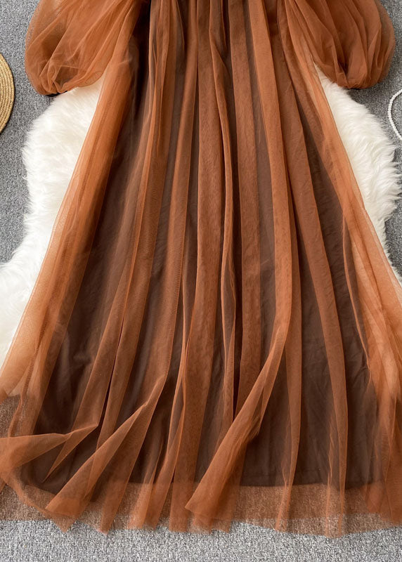 Mesh Square Neck Puff Sleeve Pleated Tulle Overlay Maxi Dress - View 3